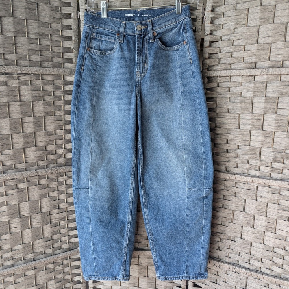 Old Navy Barrel Leg High Rise Seam‎ Detail Blue Jeans Womens 0 Medium Wash Denim